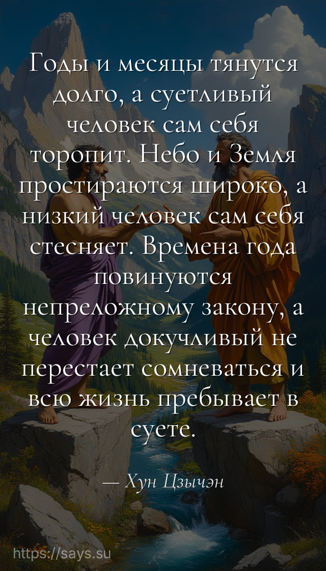 Годы и месяцы тянутся долго, а суетливый человек сам себя торопит. Небо и Земля простираются широко, а низкий человек сам себя стесняет. Времена года повинуются непреложному закону, а человек докучливый не перестает сомневаться и всю жизнь пребывает в суете.