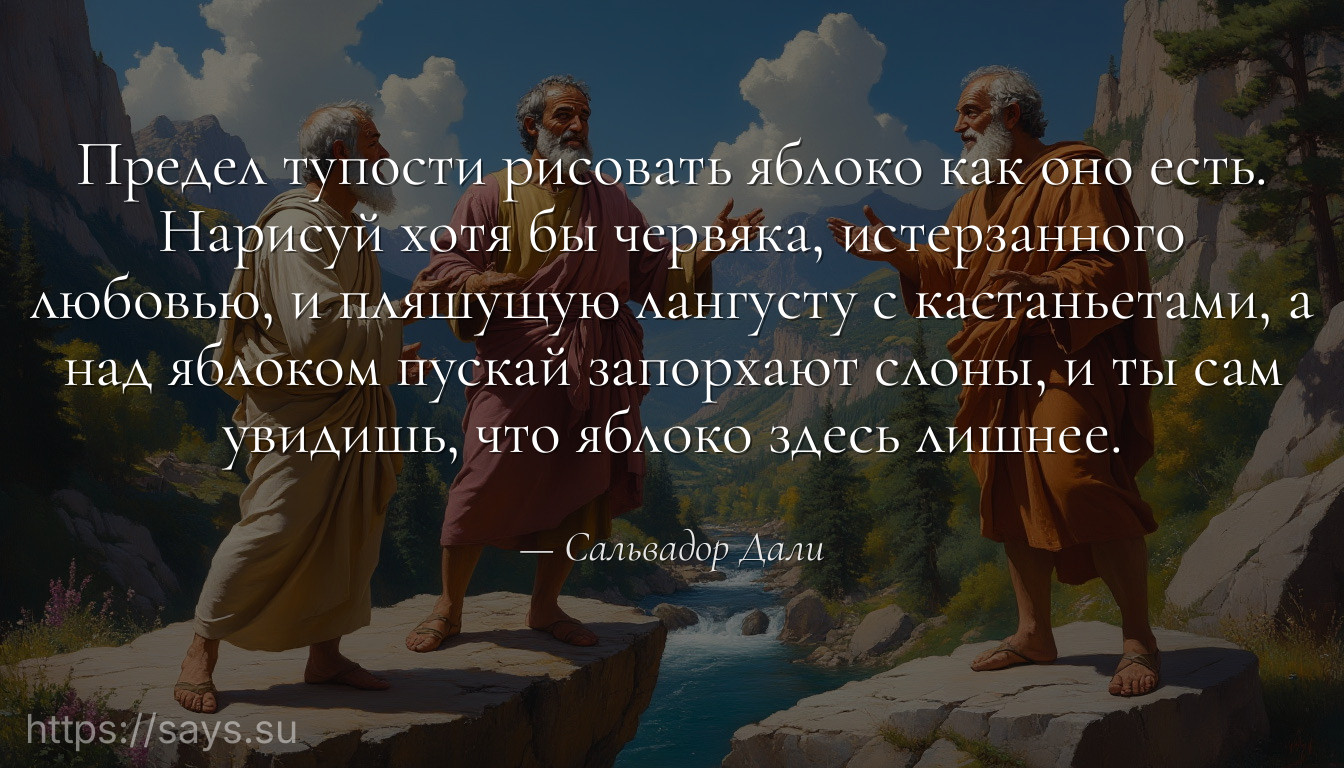Предел тупости рисовать яблоко как оно есть. Нарисуй хотя бы червяка, истерзанного любовью, и пляшущую лангусту с кастаньетами, а над яблоком пускай запорхают слоны, и ты сам увидишь, что яблоко здесь лишнее.