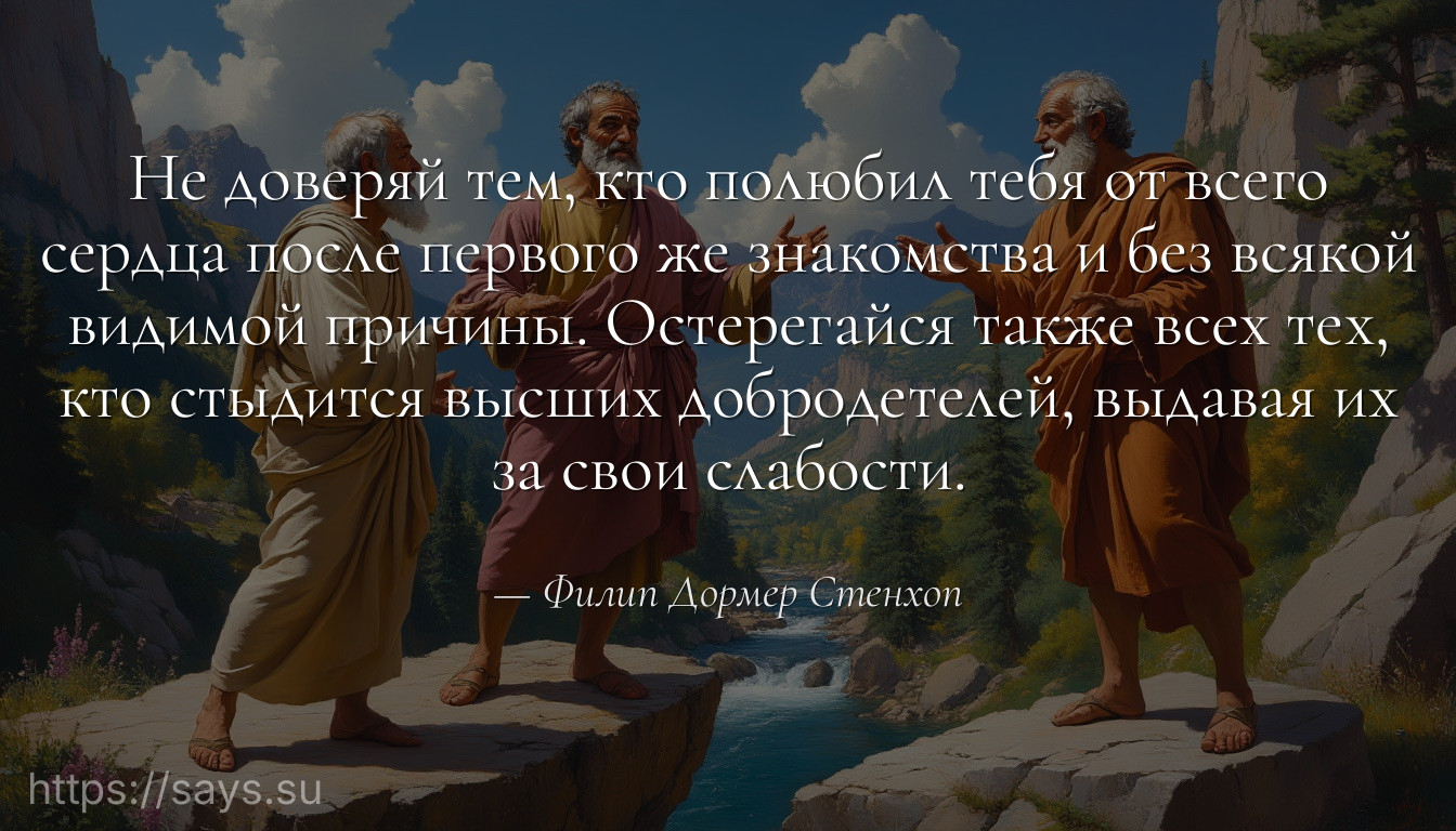 Не доверяй тем, кто полюбил тебя от всего сердца после первого же знакомства и без всякой видимой причины. Остерегайся также всех тех, кто стыдится высших добродетелей, выдавая их за свои слабости.