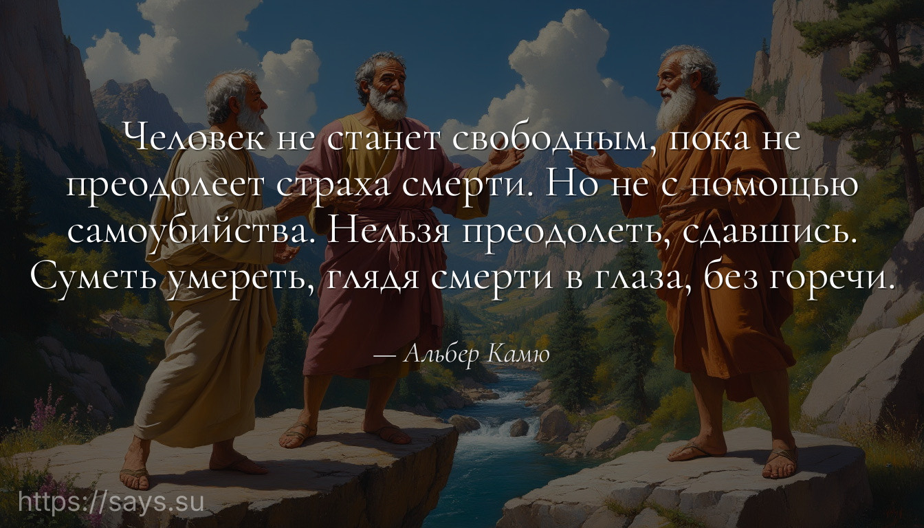 Человек не станет свободным, пока не преодолеет страха смерти. Но не с помощью самоубийства. Нельзя преодолеть, сдавшись. Суметь умереть, глядя смерти в глаза, без горечи.