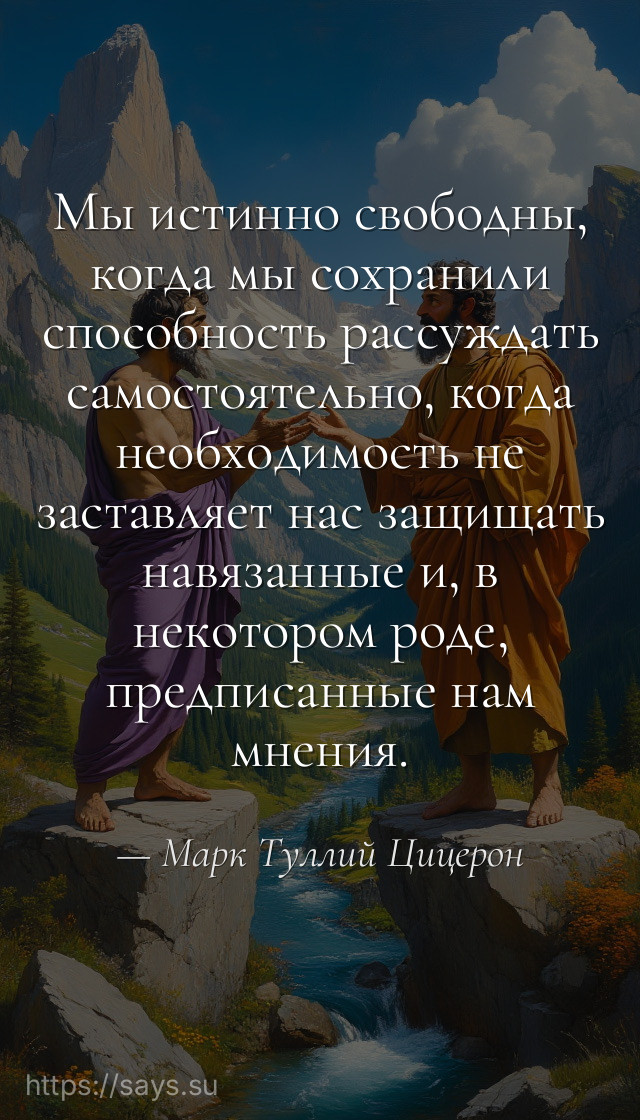 Мы истинно свободны, когда мы сохранили способность рассуждать самостоятельно, когда необходимость не заставляет нас защищать навязанные и, в некотором роде, предписанные нам мнения.