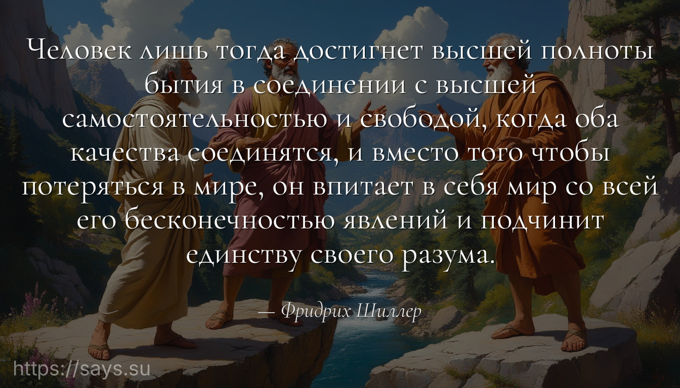 Человек лишь тогда достигнет высшей полноты бытия в соединении с высшей самостоятельностью и свободой, когда оба качества соединятся, и вместо того чтобы потеряться в мире, он впитает в себя мир со всей его бесконечностью явлений и подчинит единству своего разума.