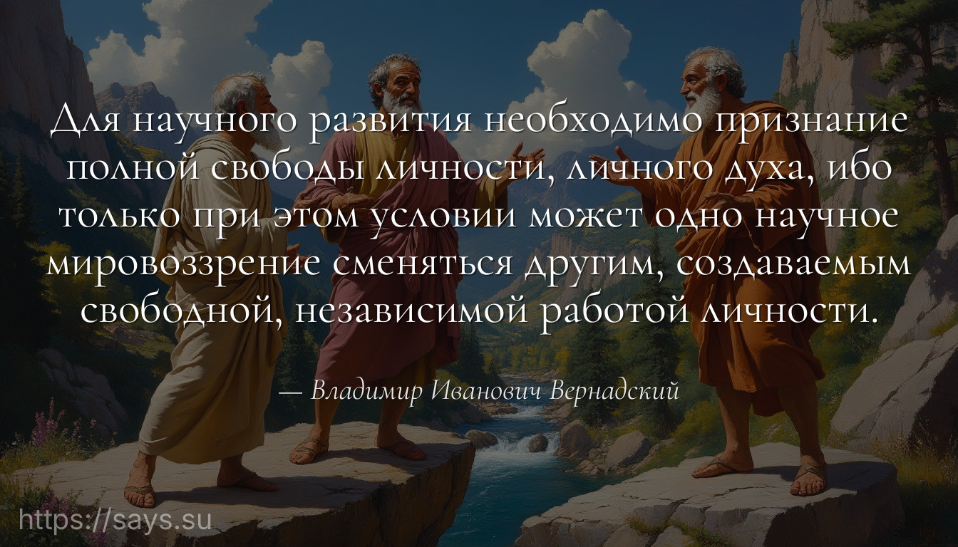 Для научного развития необходимо признание полной свободы личности, личного духа, ибо только при этом условии может одно научное мировоззрение сменяться другим, создаваемым свободной, независимой работой личности.