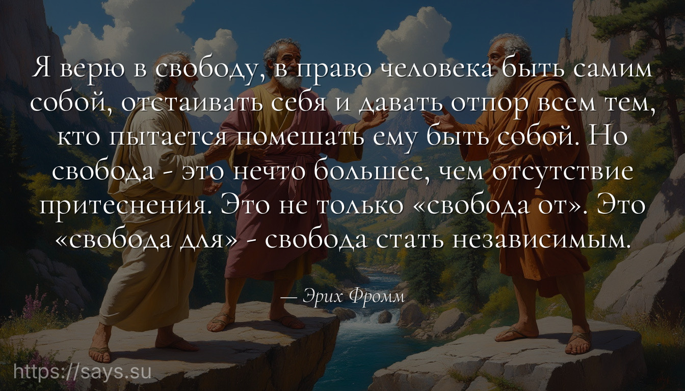 Я верю в свободу, в право человека быть самим собой, отстаивать себя и давать отпор всем тем, кто пытается помешать ему быть собой. Но свобода - это нечто большее, чем отсутствие притеснения. Это не только «свобода от». Это «свобода для» - свобода стать независимым.