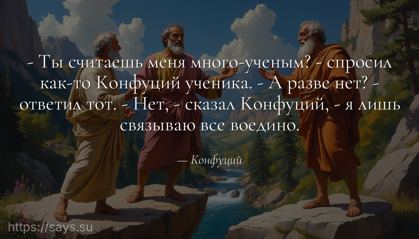 - Ты считаешь меня много-ученым? - спросил как-то Конфуций ученика. - А разве нет? - ответил тот. - Нет, - сказал Конфуций, - я лишь связываю все воедино.