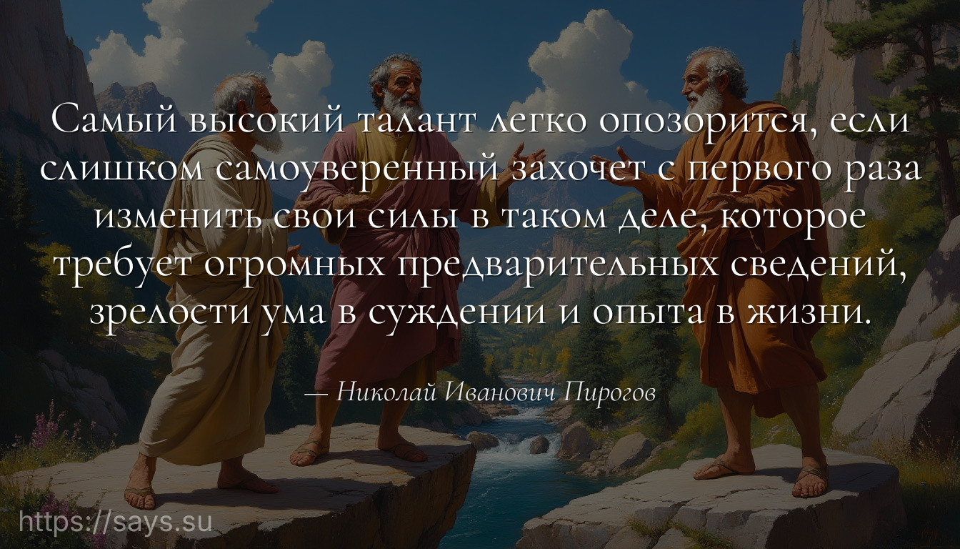 Самый высокий талант легко опозорится, если слишком самоуверенный захочет с первого раза изменить свои силы в таком деле, которое требует огромных предварительных сведений, зрелости ума в суждении и опыта в жизни.