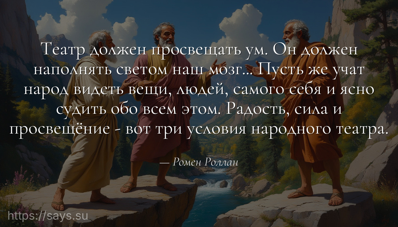 Театр должен просвещать ум. Он должен наполнять светом наш мозг... Пусть же учат народ видеть вещи, людей, самого себя и ясно судить обо всем этом. Радость, сила и просвещёние - вот три условия народного театра.
