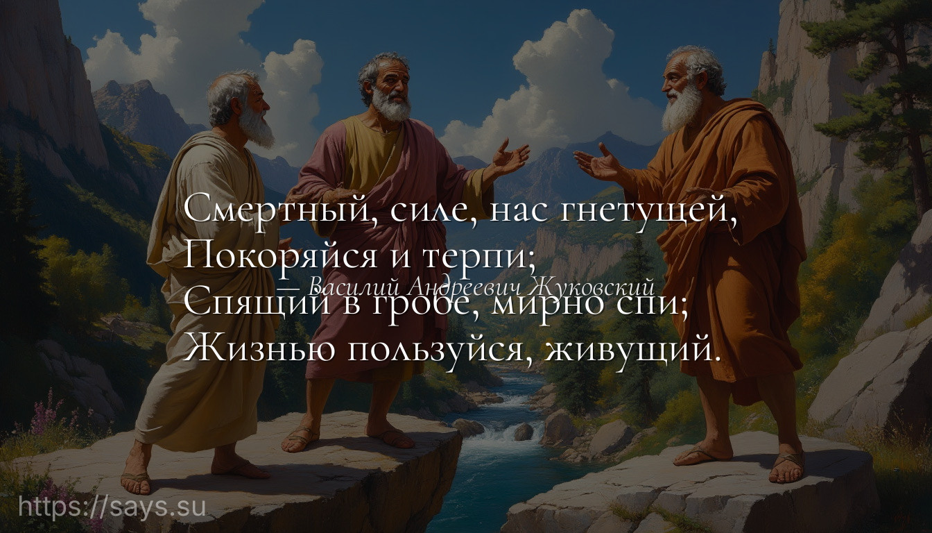 Смертный, силе, нас гнетущей, <br />Покоряйся и терпи; <br />Спящий в гробе, мирно спи; <br />Жизнью пользуйся, живущий.