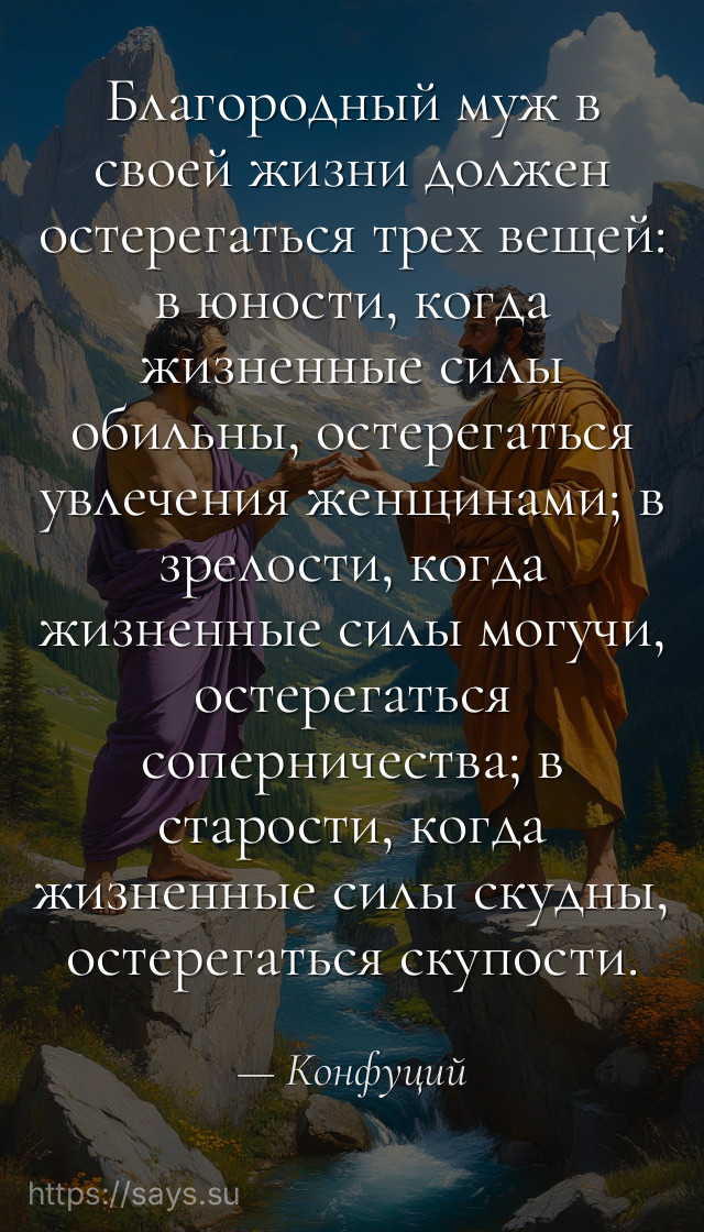 Благородный муж в своей жизни должен остерегаться трех вещей: в юности, когда жизненные силы обильны, остерегаться увлечения женщинами; в зрелости, когда жизненные силы могучи, остерегаться соперничества; в старости, когда жизненные силы скудны, остерегаться скупости.