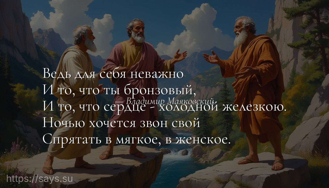 Ведь для себя неважно <br />И то, что ты бронзовый,<br />И то, что сердце - холодной железкою.<br />Ночью хочется звон свой <br />Спрятать в мягкое, в женское.