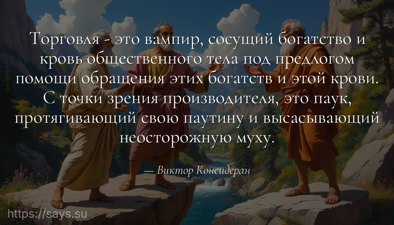 Торговля - это вампир, сосущий богатство и кровь общественного тела под предлогом помощи обращения этих богатств и этой крови. С точки зрения производителя, это паук, протягивающий свою паутину и высасывающий неосторожную муху.