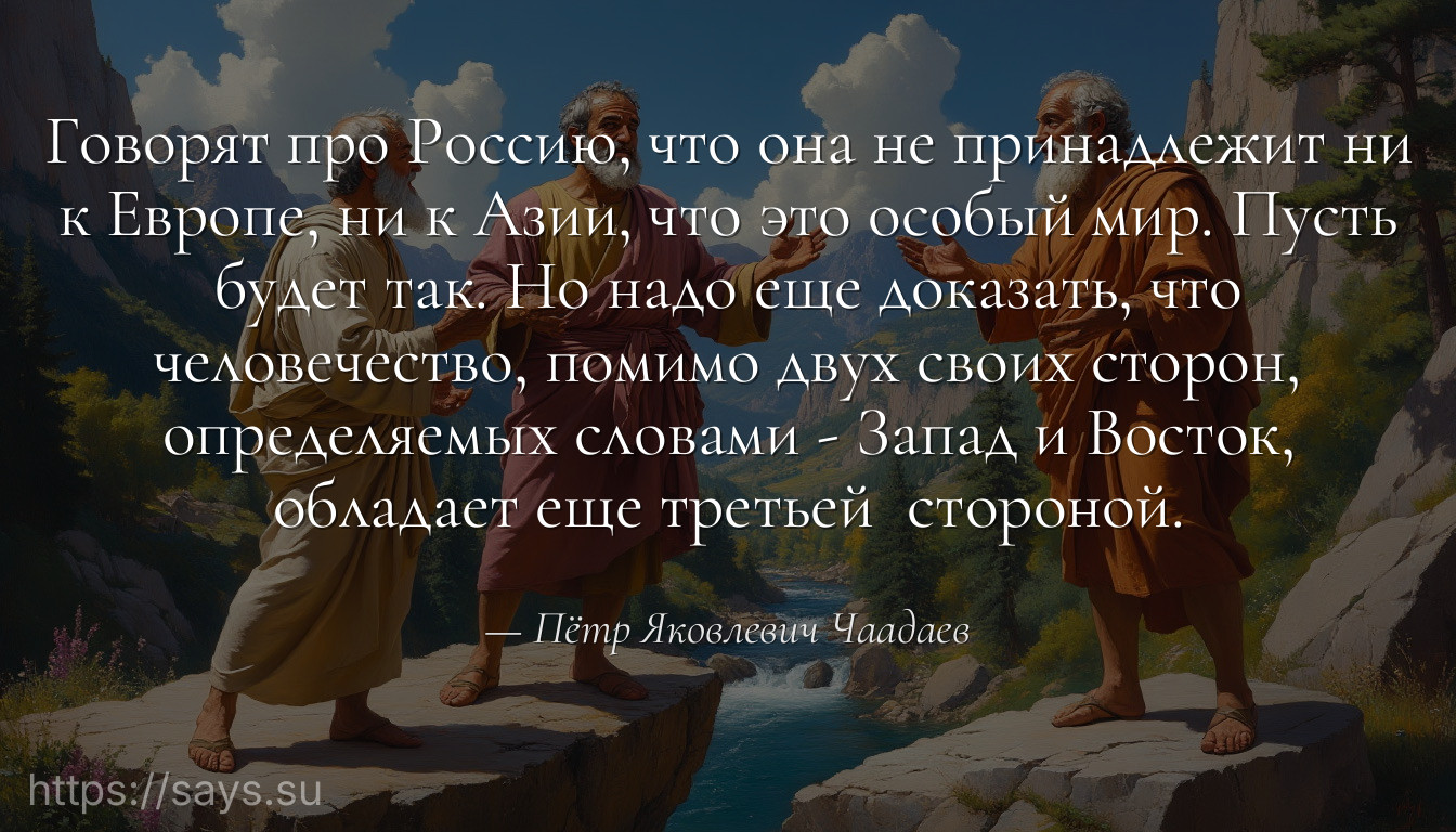 Говорят про Россию, что она не принадлежит ни к Европе, ни к Азии, что это особый мир. Пусть будет так. Но надо еще доказать, что человечество, помимо двух своих сторон, определяемых словами - Запад и Восток, обладает еще третьей  стороной.