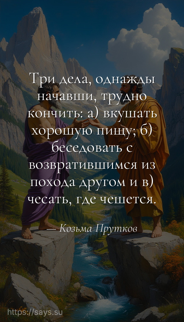 Три дела, однажды начавши, трудно кончить: а) вкушать хорошую пищу; б) беседовать с возвратившимся из похода другом и в) чесать, где чешется.