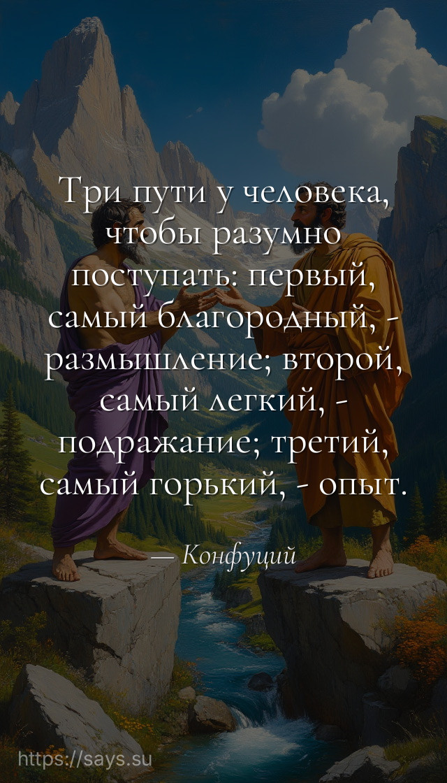 Три пути у человека, чтобы разумно поступать: первый, самый благородный, - размышление; второй, самый легкий, - подражание; третий, самый горький, - опыт.