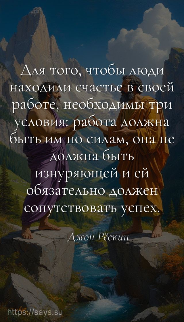 Для того, чтобы люди находили счастье в своей работе, необходимы три условия: работа должна быть им по силам, она не должна быть изнуряющей и ей обязательно должен сопутствовать успех.