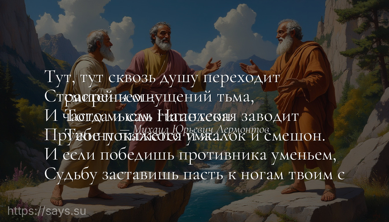 Тут, тут сквозь душу переходит<br />Страстей и ощущений тьма,<br />И часто мысль гигантская заводит<br />Пружину пылкого ума...<br />И если победишь противника уменьем,<br />Судьбу заставишь пасть к ногам твоим с смиреньем -<br />Тогда и сам Наполеон<br />Тебе покажется и жалок и смешон.