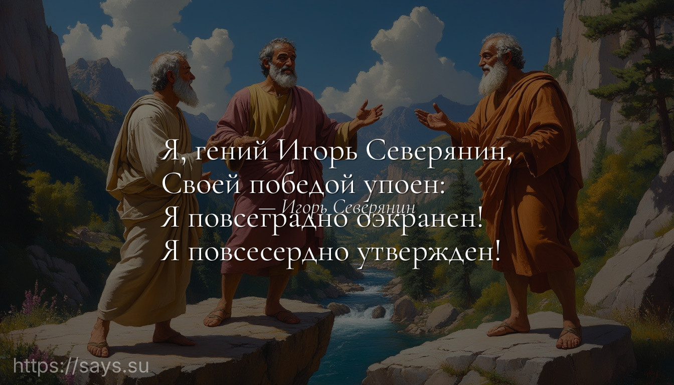Я, гений Игорь Северянин,<br />Своей победой упоен:<br />Я повсеградно оэкранен!<br />Я повсесердно утвержден!