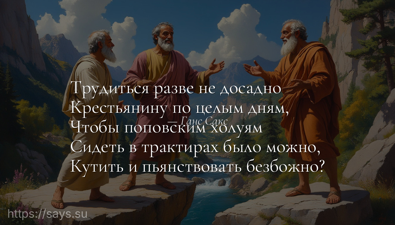 Трудиться разве не досадно <br />Крестьянину по целым дням, <br />Чтобы поповским холуям <br />Сидеть в трактирах было можно, <br />Кутить и пьянствовать безбожно?