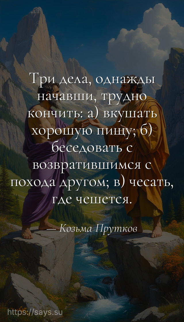 Три дела, однажды начавши, трудно кончить: а) вкушать хорошую пищу; б) беседовать с возвратившимся с похода другом; в) чесать, где чешется.