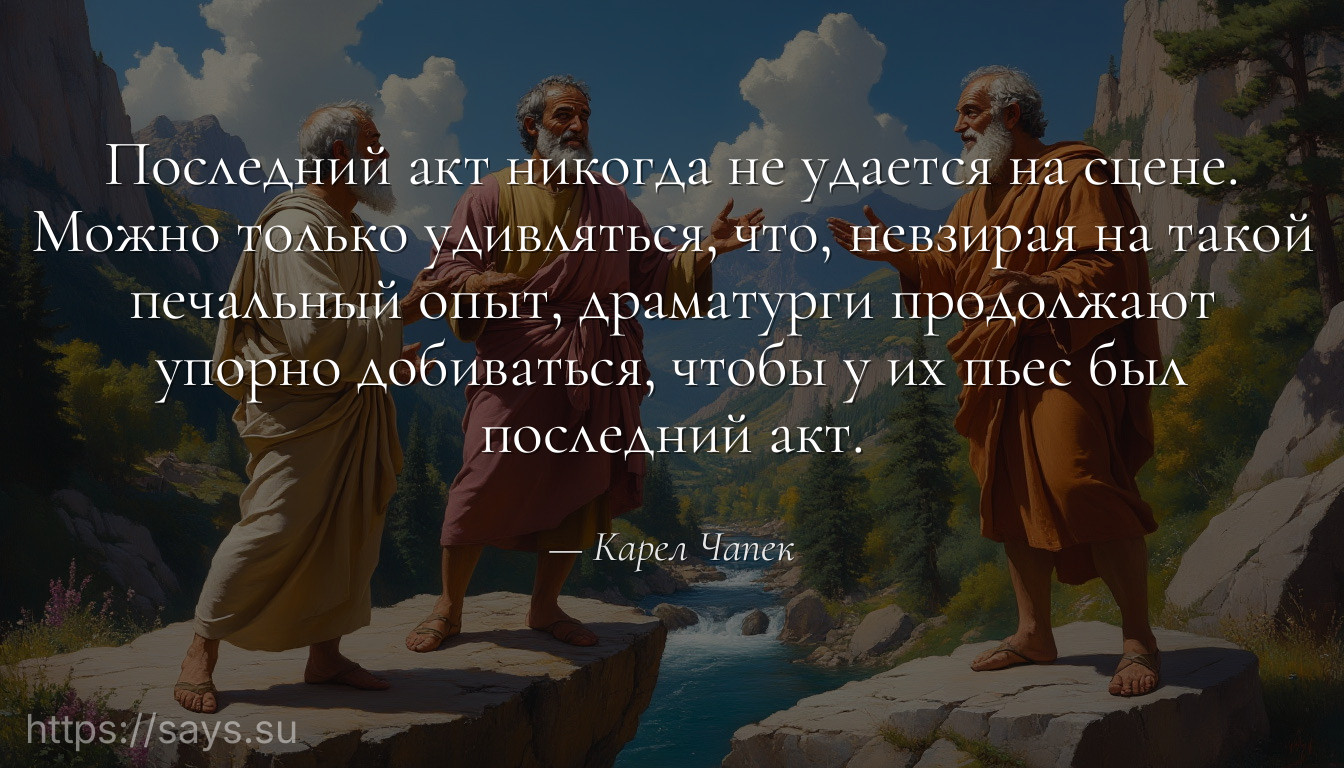 Последний акт никогда не удается на сцене. Можно только удивляться, что, невзирая на такой печальный опыт, драматурги продолжают упорно добиваться, чтобы у их пьес был последний акт.