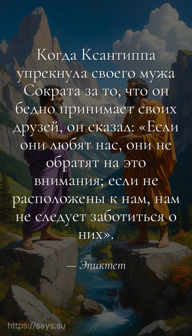Когда Ксантиппа упрекнула своего мужа Сократа за то, что он бедно принимает своих друзей, он сказал: «Если они любят нас, они не обратят на это внимания; если не расположены к нам, нам не следует заботиться о них».