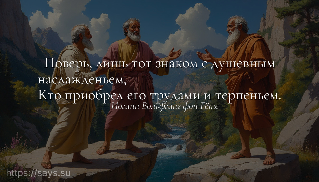 Поверь, лишь тот знаком с душевным наслажденьем, <br />Кто приобрел его трудами и терпеньем.