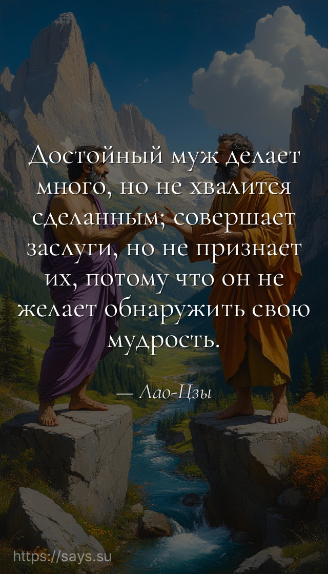 Достойный муж делает много, но не хвалится сделанным; совершает заслуги, но не признает их, потому что он не желает обнаружить свою мудрость.