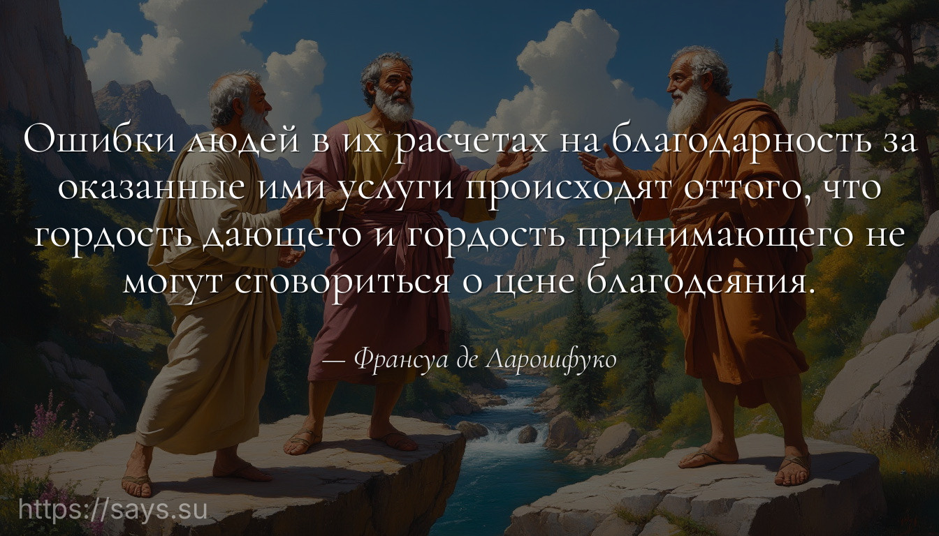 Ошибки людей в их расчетах на благодарность за оказанные ими услуги происходят оттого, что гордость дающего и гордость принимающего не могут сговориться о цене благодеяния.