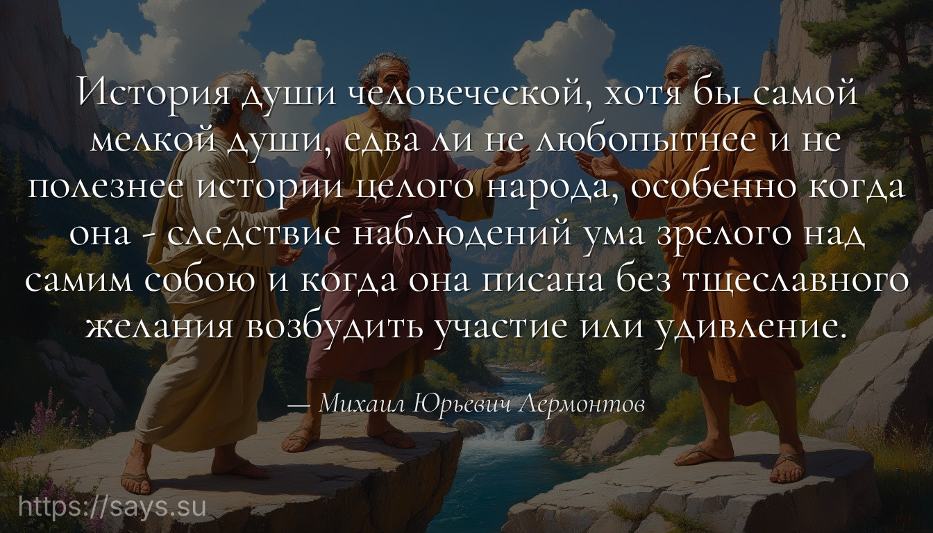 История души человеческой, хотя бы самой мелкой души, едва ли не любопытнее и не полезнее истории целого народа, особенно когда она - следствие наблюдений ума зрелого над самим собою и когда она писана без тщеславного желания возбудить участие или удивление.