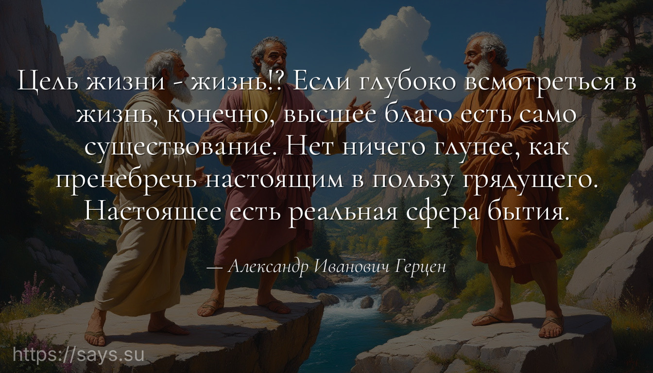 Цель жизни - жизнь!? Если глубоко всмотреться в жизнь, конечно, высшее благо есть само существование. Нет ничего глупее, как пренебречь настоящим в пользу грядущего. Настоящее есть реальная сфера бытия.