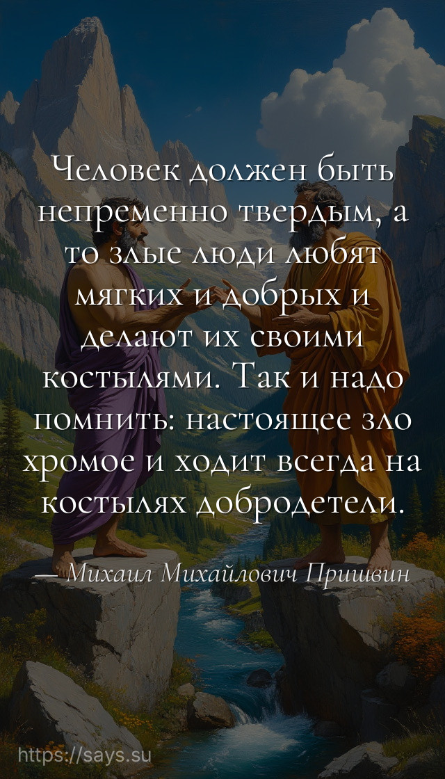 Человек должен быть непременно твердым, а то злые люди любят мягких и добрых и делают их своими костылями. Так и надо помнить: настоящее зло хромое и ходит всегда на костылях добродетели.