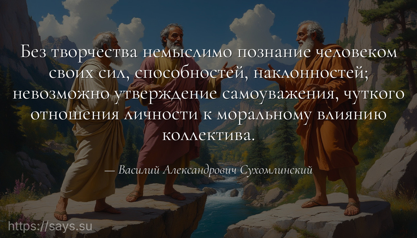 Без творчества немыслимо познание человеком своих сил, способностей, наклонностей; невозможно утверждение самоуважения, чуткого отношения личности к моральному влиянию коллектива.