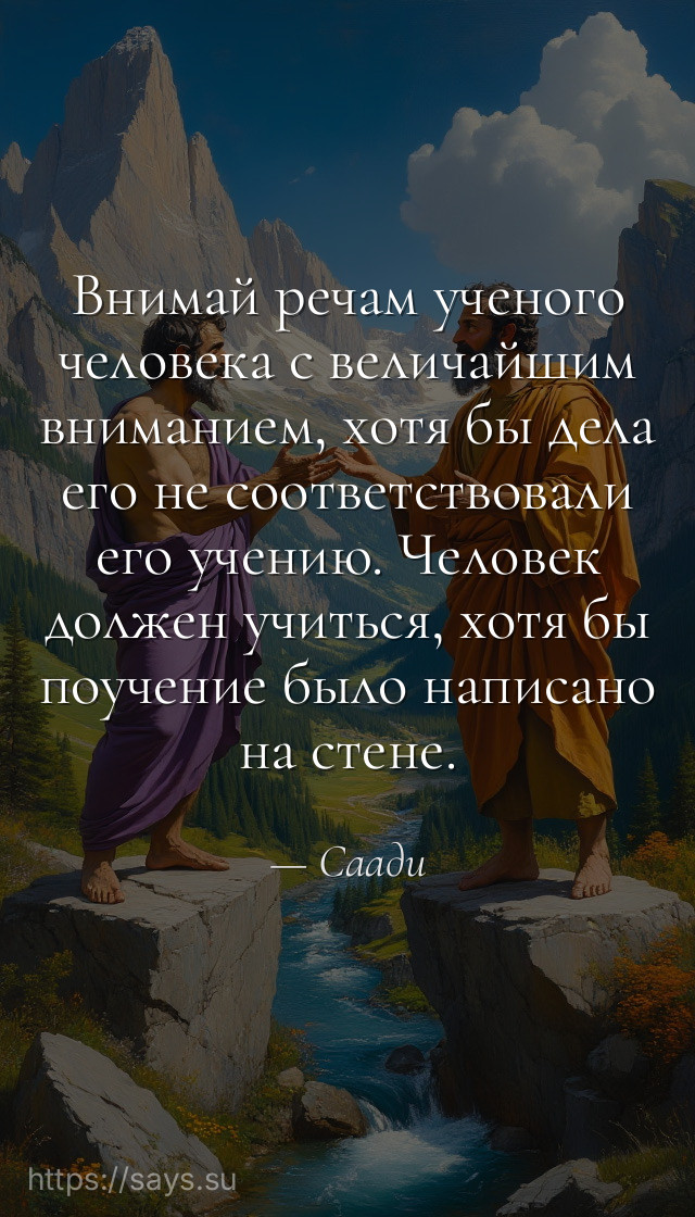Внимай речам ученого человека с величайшим вниманием, хотя бы дела его не соответствовали его учению. Человек должен учиться, хотя бы поучение было написано на стене.