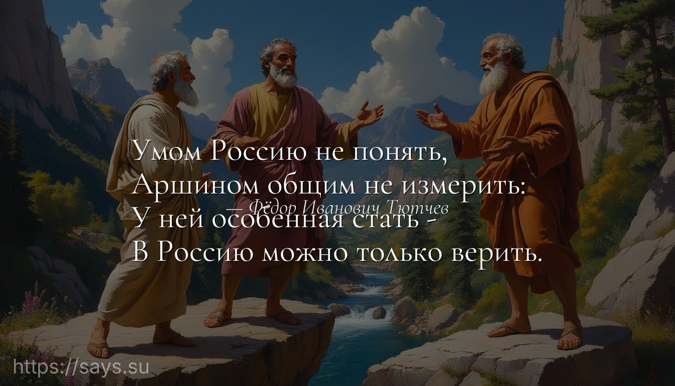 Умом Россию не понять, <br />Аршином общим не измерить: <br />У ней особенная стать - <br />В Россию можно только верить.