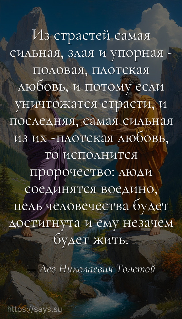 Из страстей самая сильная, злая и упорная - половая, плотская любовь, и потому если уничтожатся страсти, и последняя, самая сильная из их -плотская любовь, то исполнится пророчество: люди соединятся воедино, цель человечества будет достигнута и ему незачем будет жить.