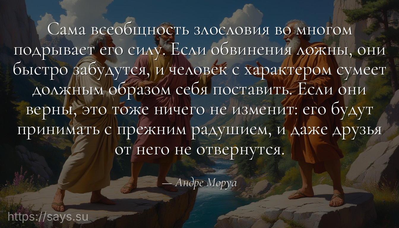 Сама всеобщность злословия во многом подрывает его силу. Если обвинения ложны, они быстро забудутся, и человек с характером сумеет должным образом себя поставить. Если они верны, это тоже ничего не изменит: его будут принимать с прежним радушием, и даже друзья от него не отвернутся.