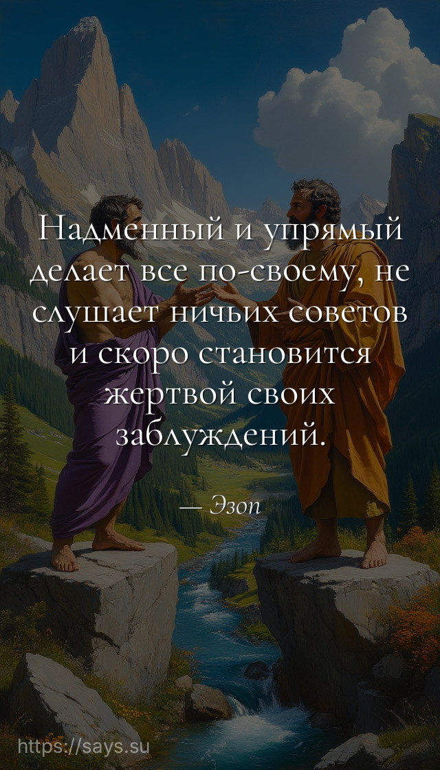 Надменный и упрямый делает все по-своему, не слушает ничьих советов и скоро становится жертвой своих заблуждений.