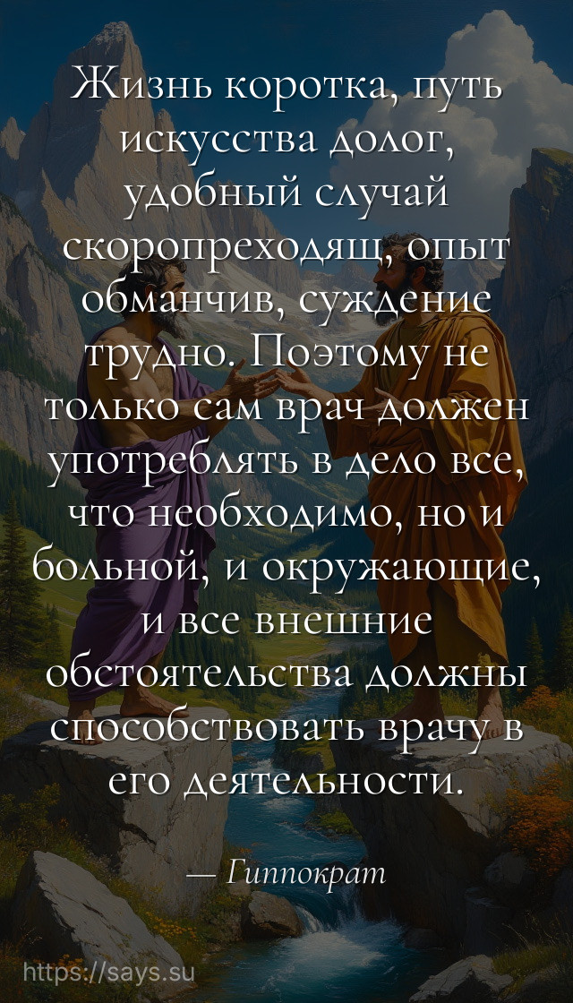 Жизнь коротка, путь искусства долог, удобный случай скоропреходящ, опыт обманчив, суждение трудно. Поэтому не только сам врач должен употреблять в дело все, что необходимо, но и больной, и окружающие, и все внешние обстоятельства должны способствовать врачу в его деятельности.