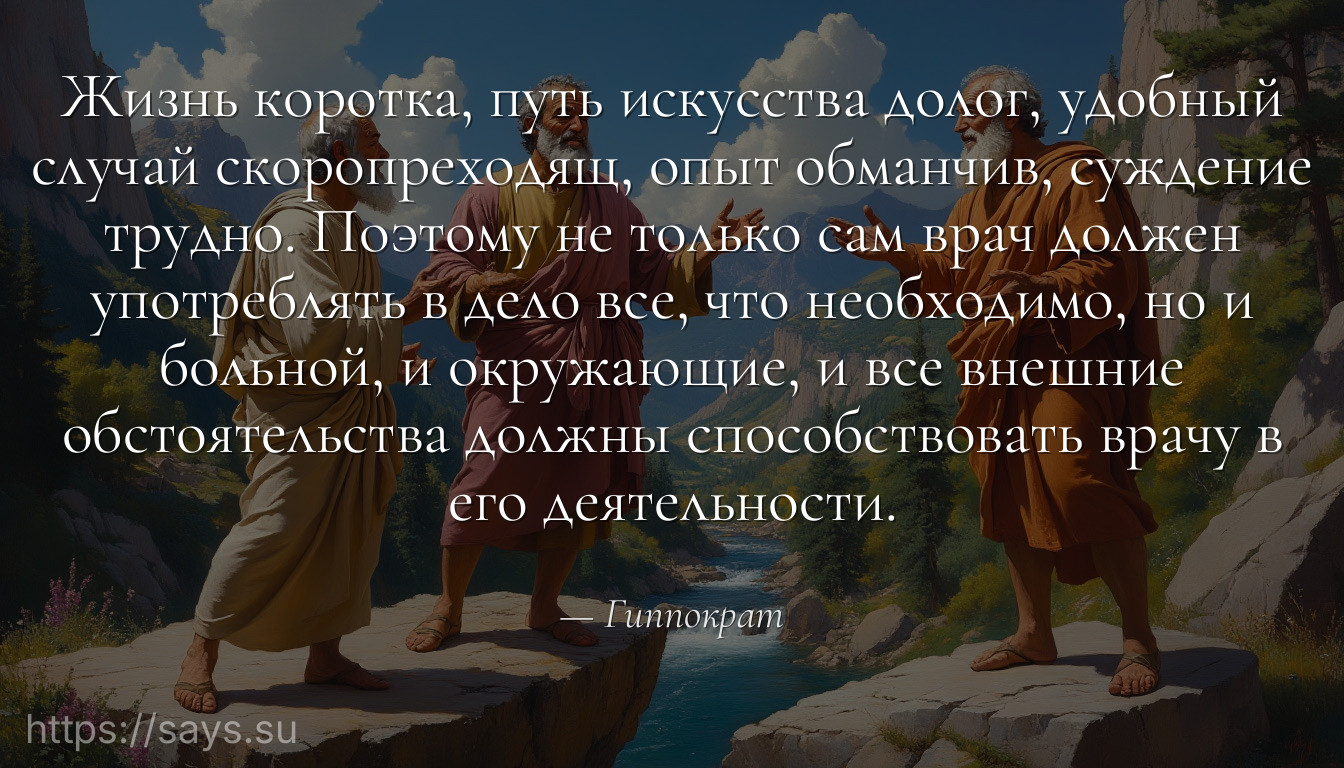 Жизнь коротка, путь искусства долог, удобный случай скоропреходящ, опыт обманчив, суждение трудно. Поэтому не только сам врач должен употреблять в дело все, что необходимо, но и больной, и окружающие, и все внешние обстоятельства должны способствовать врачу в его деятельности.