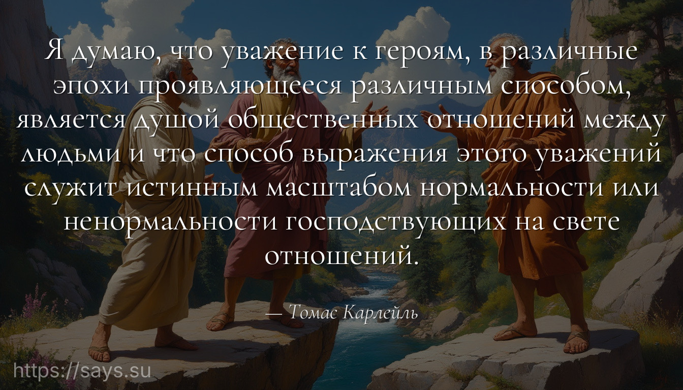 Я думаю, что уважение к героям, в различные эпохи проявляющееся различным способом, является душой общественных отношений между людьми и что способ выражения этого уважений служит истинным масштабом нормальности или ненормальности господствующих на свете отношений.