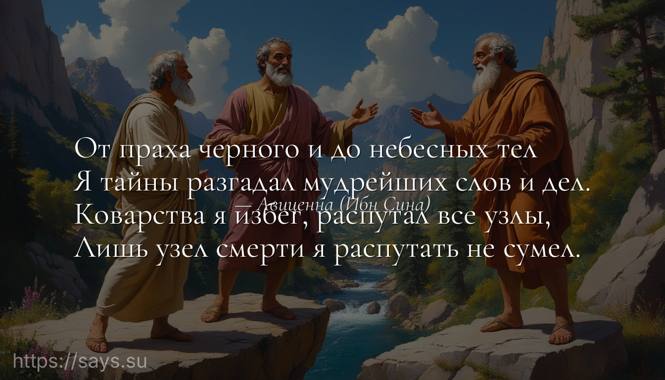 От праха черного и до небесных тел <br />Я тайны разгадал мудрейших слов и дел.<br />Коварства я избег, распутал все узлы, <br />Лишь узел смерти я распутать не сумел.