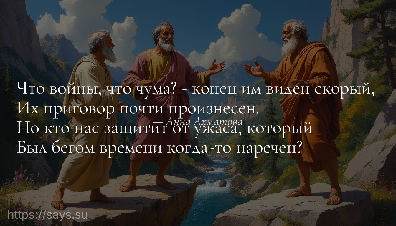 Что войны, что чума? - конец им виден скорый, <br />Их приговор почти произнесен. <br />Но кто нас защитит от ужаса, который <br />Был бегом времени когда-то наречен?