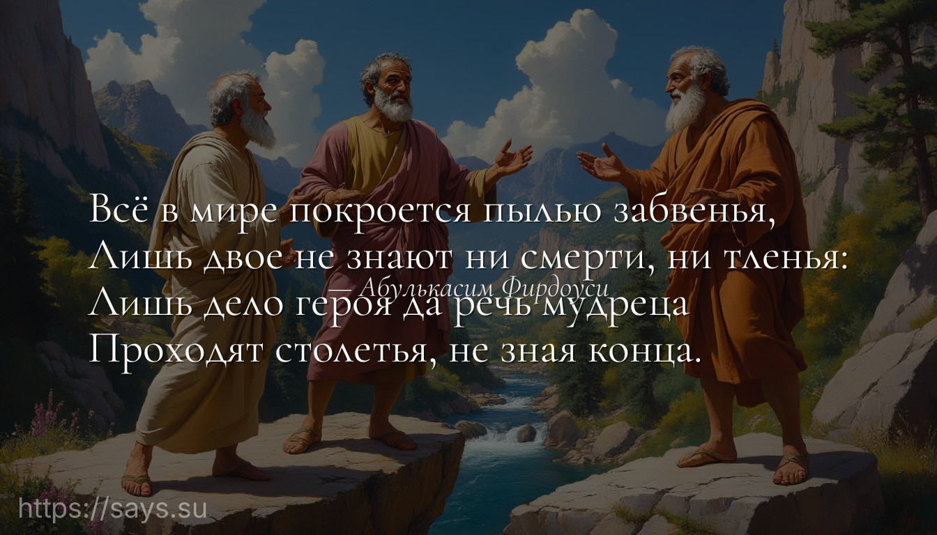 Всё в мире покроется пылью забвенья,<br />Лишь двое не знают ни смерти, ни тленья:<br />Лишь дело героя да речь мудреца<br />Проходят столетья, не зная конца.
