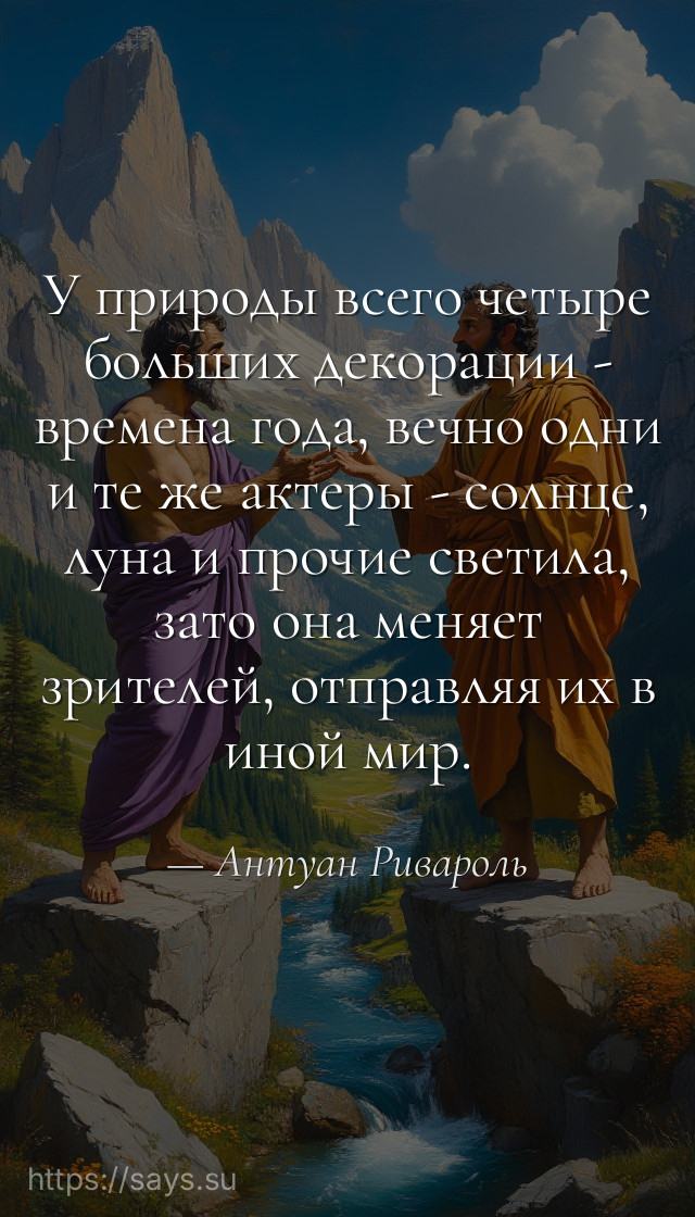 У природы всего четыре больших декорации - времена года, вечно одни и те же актеры - солнце, луна и прочие светила, зато она меняет зрителей, отправляя их в иной мир.