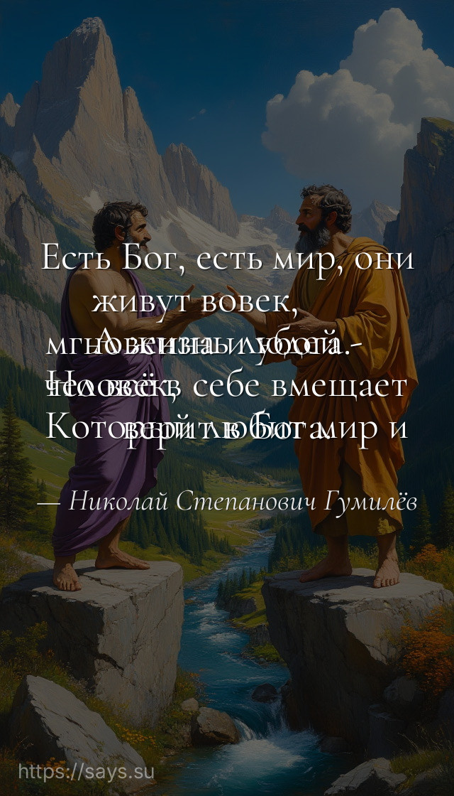 Есть Бог, есть мир, они живут вовек, <br />А жизнь людей - мгновенна и убога. <br />Но всё в себе вмещает человек, <br />Который любит мир и верит в Бога.