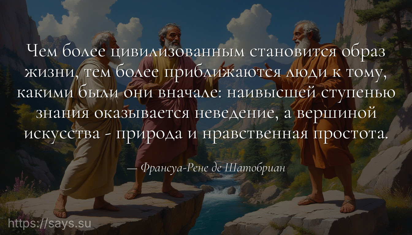 Чем более цивилизованным становится образ жизни, тем более приближаются люди к тому, какими были они вначале: наивысшей ступенью знания оказывается неведение, а вершиной искусства - природа и нравственная простота.