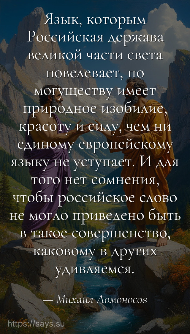 Язык, которым Российская держава великой части света повелевает, по могуществу имеет природное изобилие, красоту и силу, чем ни единому европейскому языку не уступает. И для того нет сомнения, чтобы российское слово не могло приведено быть в такое совершенство, каковому в других удивляемся.