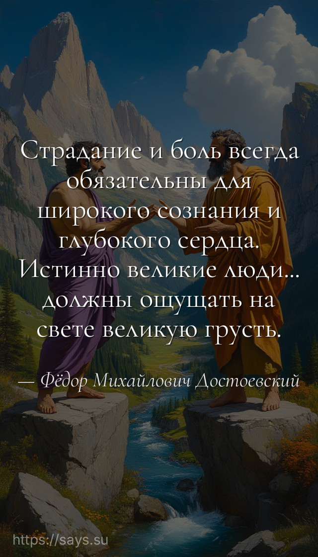 Страдание и боль всегда обязательны для широкого сознания и глубокого сердца. Истинно великие люди... должны ощущать на свете великую грусть.