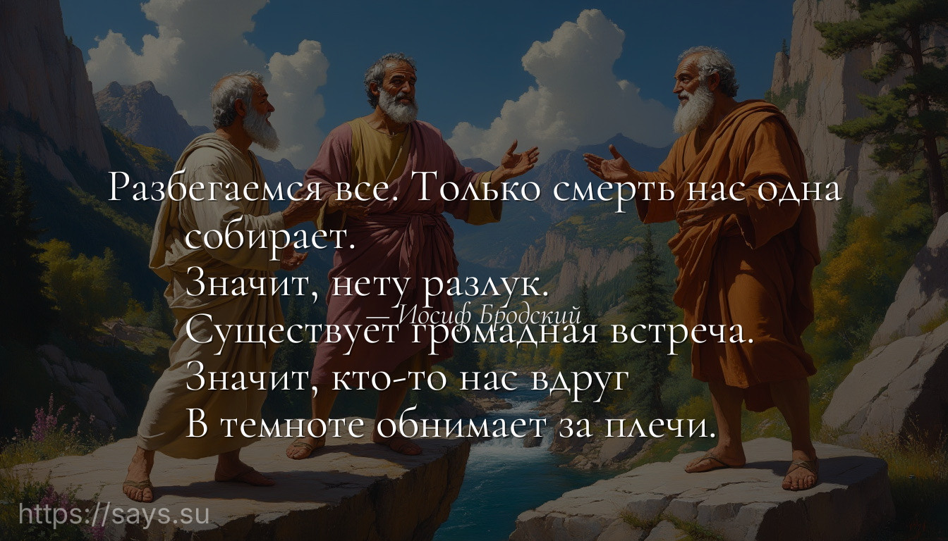 Разбегаемся все. Только смерть нас одна собирает. <br />Значит, нету разлук. <br />Существует громадная встреча. <br />Значит, кто-то нас вдруг <br />В темноте обнимает за плечи.