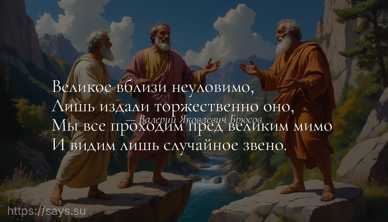 Великое вблизи неуловимо, <br />Лишь издали торжественно оно, <br />Мы все проходим пред великим мимо <br />И видим лишь случайное звено.